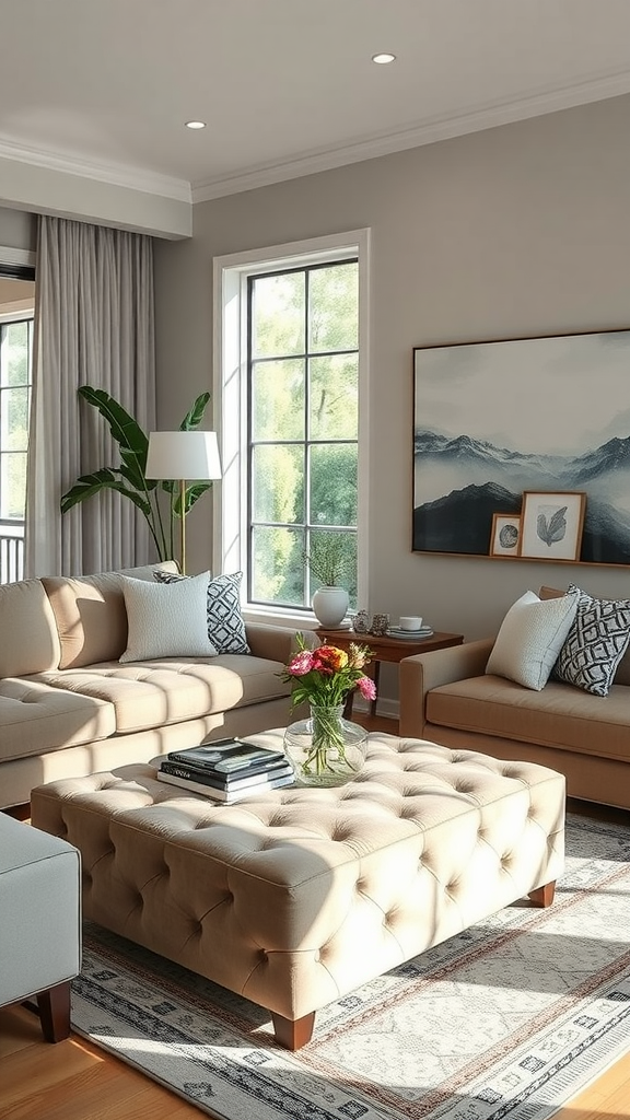 A cozy living room with two tufted ottomans, a couch with decorative pillows, a plant, and a lamp.