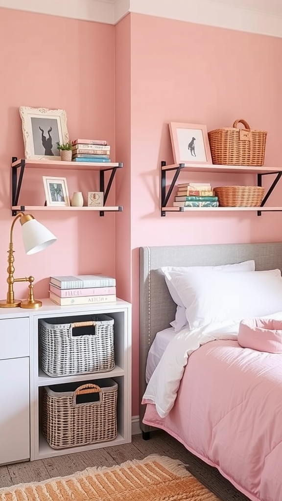 Cozy light pink bedroom featuring functional storage solutions including baskets and shelves.