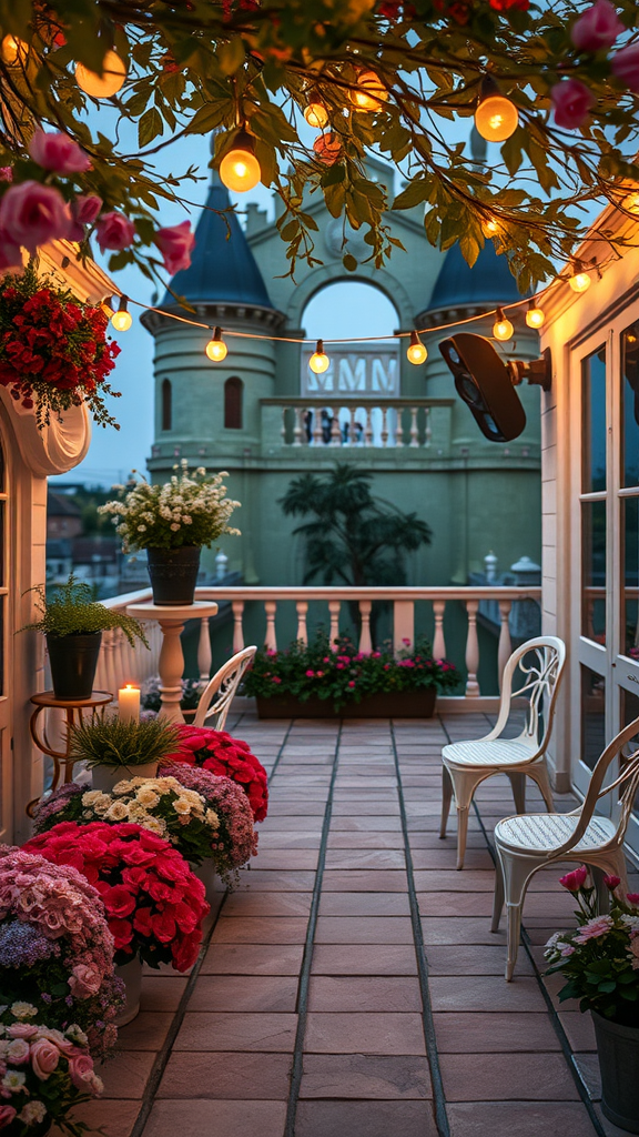 A cozy garden terrace decorated with flowers and fairy lights, perfect for a romantic dinner.