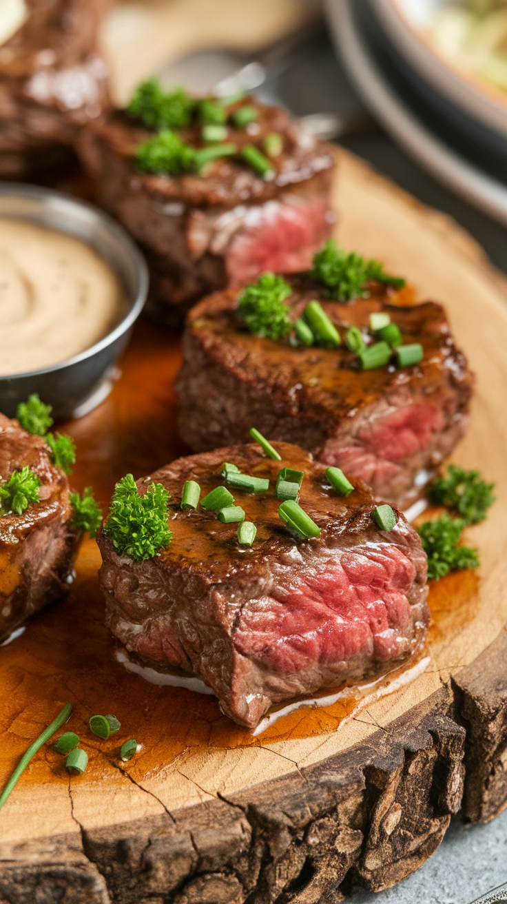 Delicious garlic butter steak bites garnished with herbs on a wooden platter.