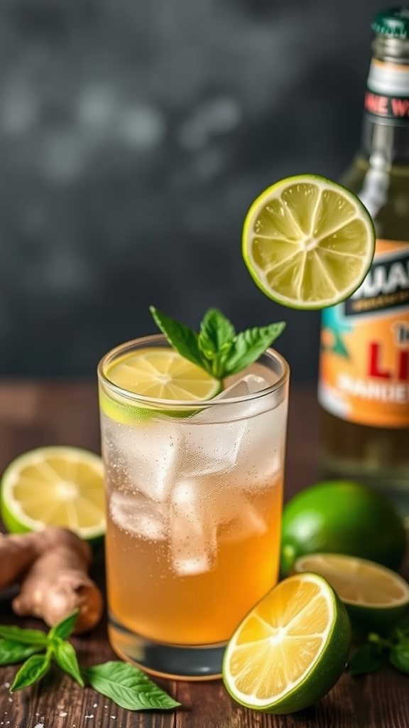 A refreshing Ginger Lime Sparkler drink with lime slices and mint leaves, surrounded by fresh limes and ginger.