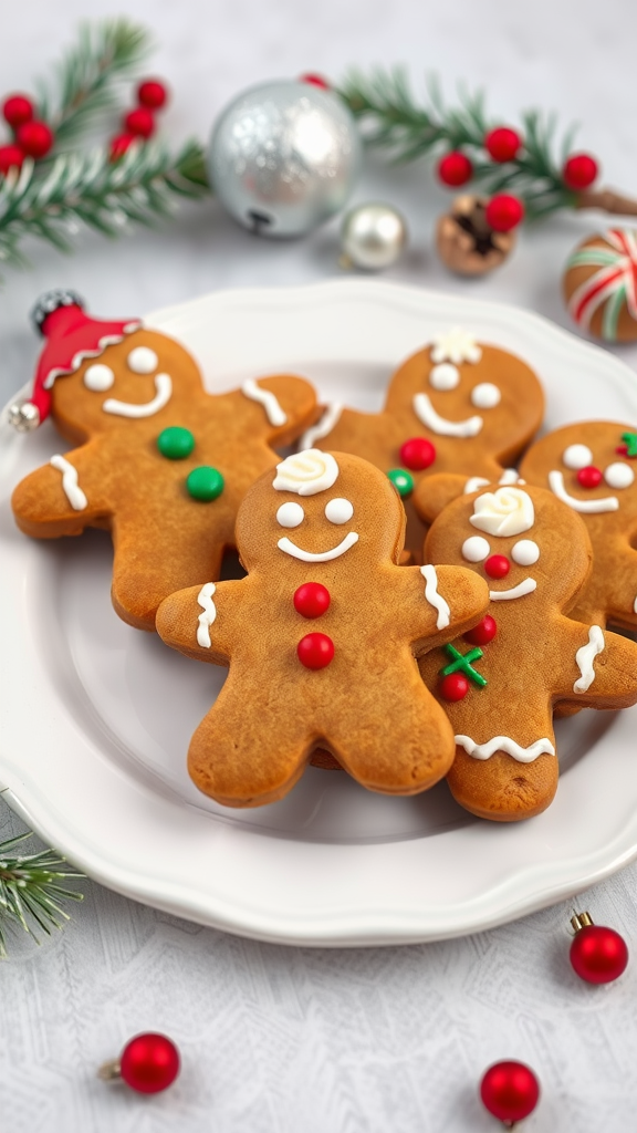 Decoratively iced gingerbread men cookies with royal icing and candies