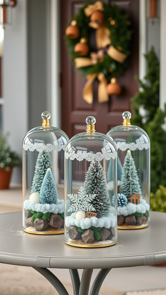 Three glass terrariums with winter decorations featuring mini trees, snow, and decorative elements on a table.