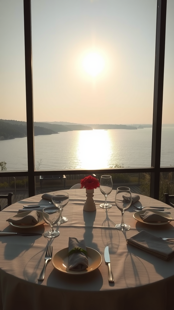 A beautifully set table for two overlooking a glistening lake at sunset, with wine glasses and a flower centerpiece.