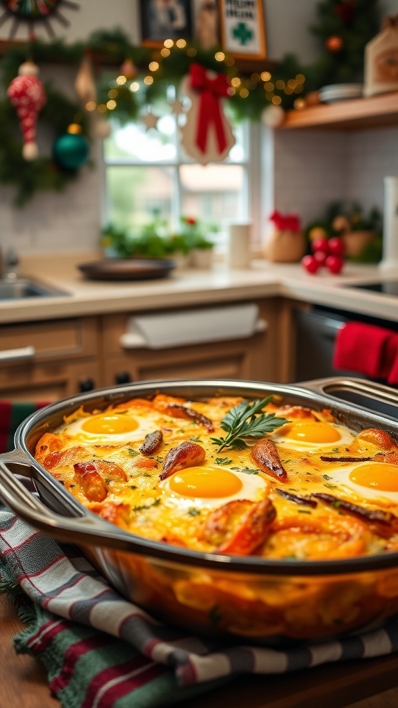 A delicious gluten-free vegetable breakfast casserole topped with eggs, presented in a cozy holiday kitchen setting.