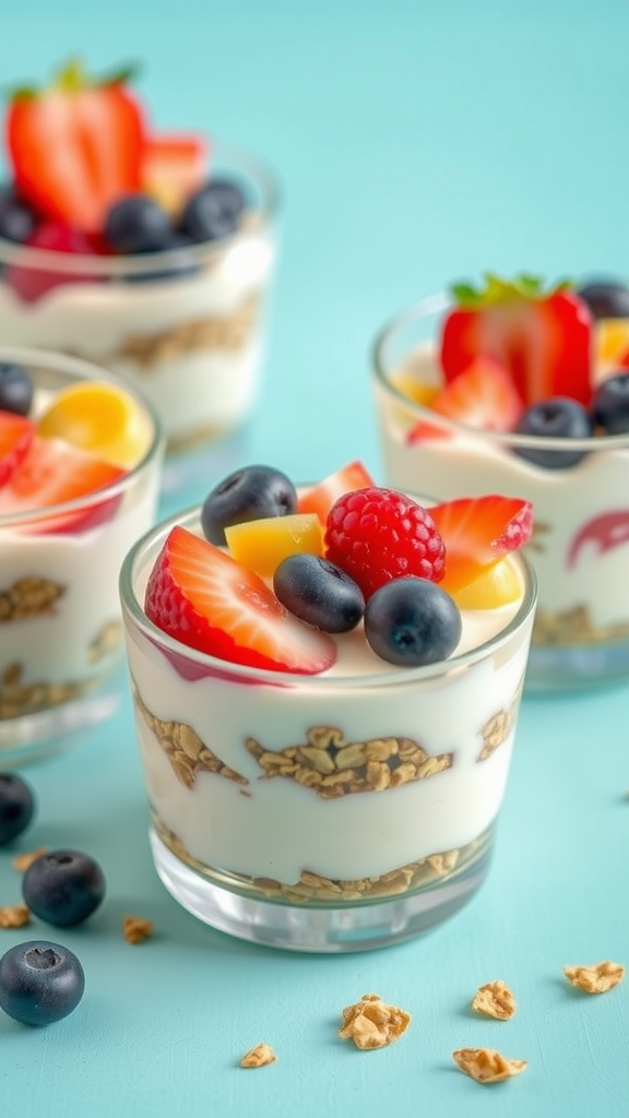 Delicious granola fruit cups layered with yogurt, granola, and fresh berries on a bright blue background.