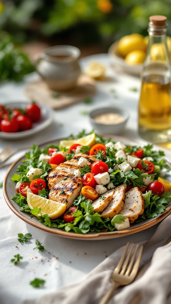 A colorful Greek salad topped with grilled chicken, featuring cherry tomatoes, feta, and a lemon wedge.