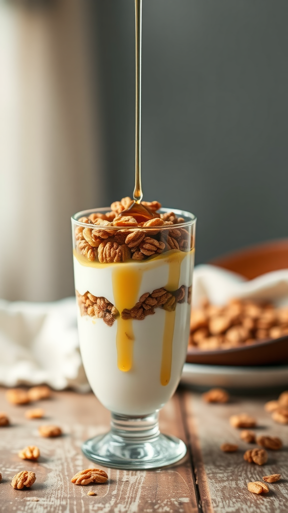 A glass of Greek yogurt parfait topped with granola and honey, with some granola scattered around on a wooden table.