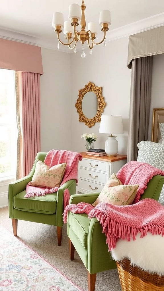 Two green accent chairs with pink throws, a small table, and a potted plant in a bright bedroom.