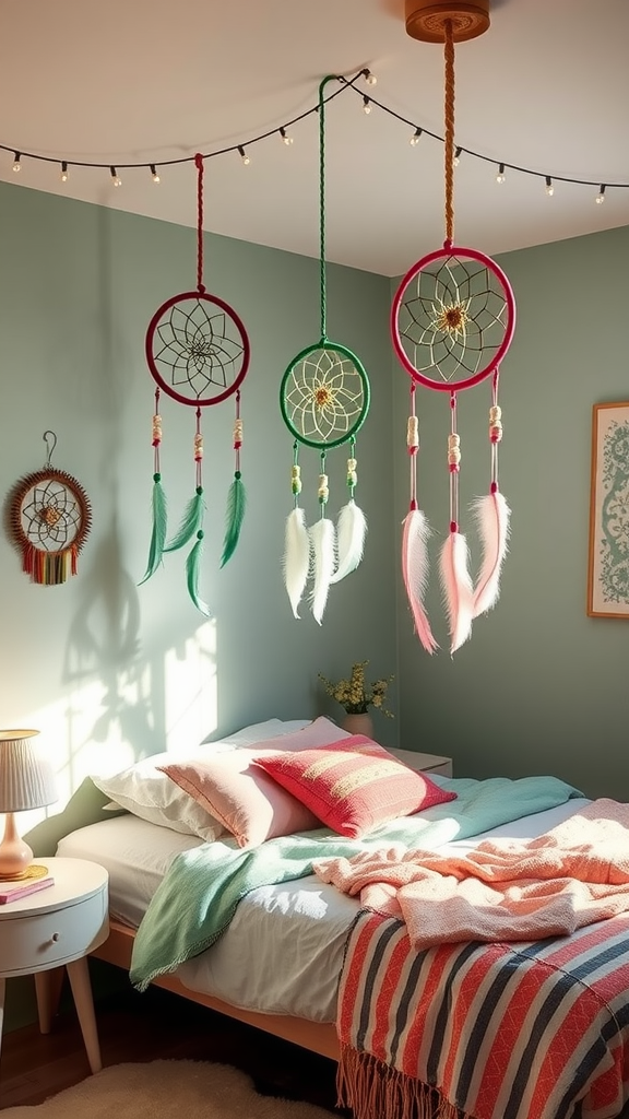 Green and pink dream catchers hanging in a bedroom with pink curtains.