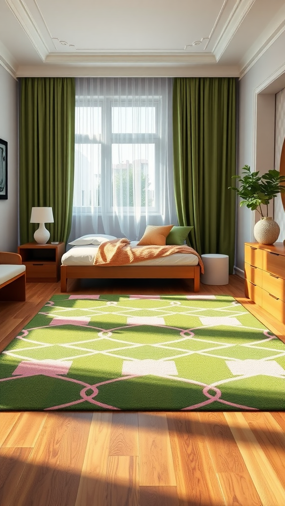 Green and Pink Bedroom Ideas. A bright and airy bedroom featuring a green and pink geometric rug, cozy bed, and natural light.