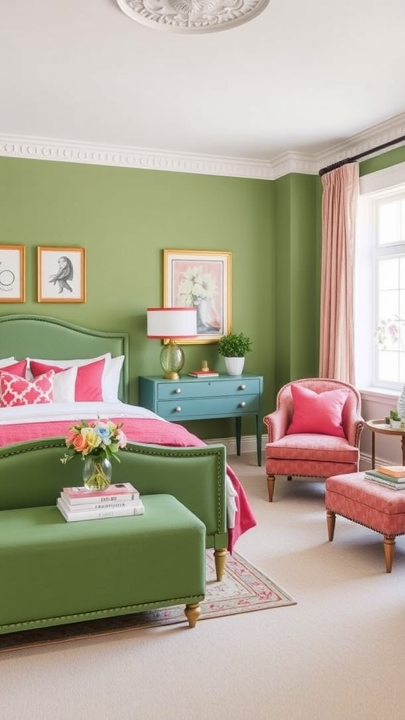 A green and pink themed bedroom featuring a green dresser, pink accents, and a cozy bed.