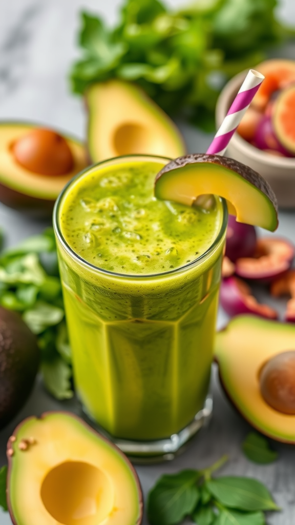 A green smoothie in a glass, surrounded by fresh ingredients like avocados and greens.