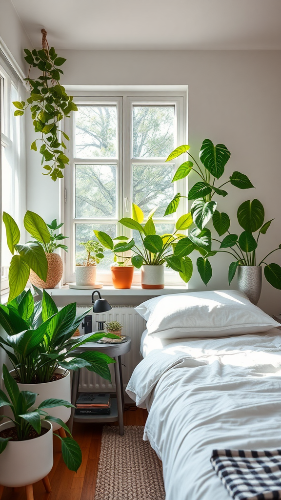 A bright bedroom featuring various green plants near a window.