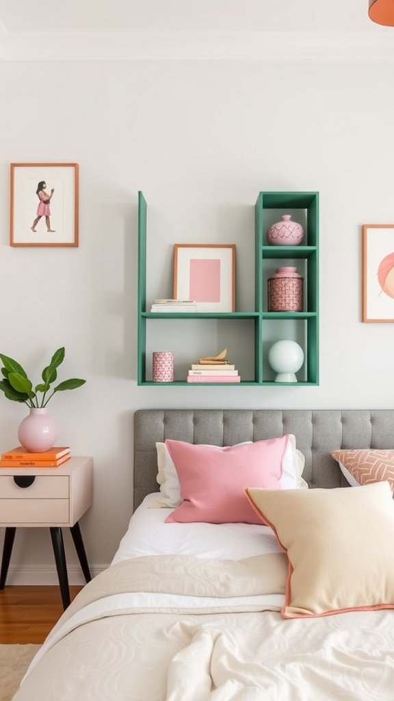 Bedroom featuring green shelving with pink accents and a cozy bed.