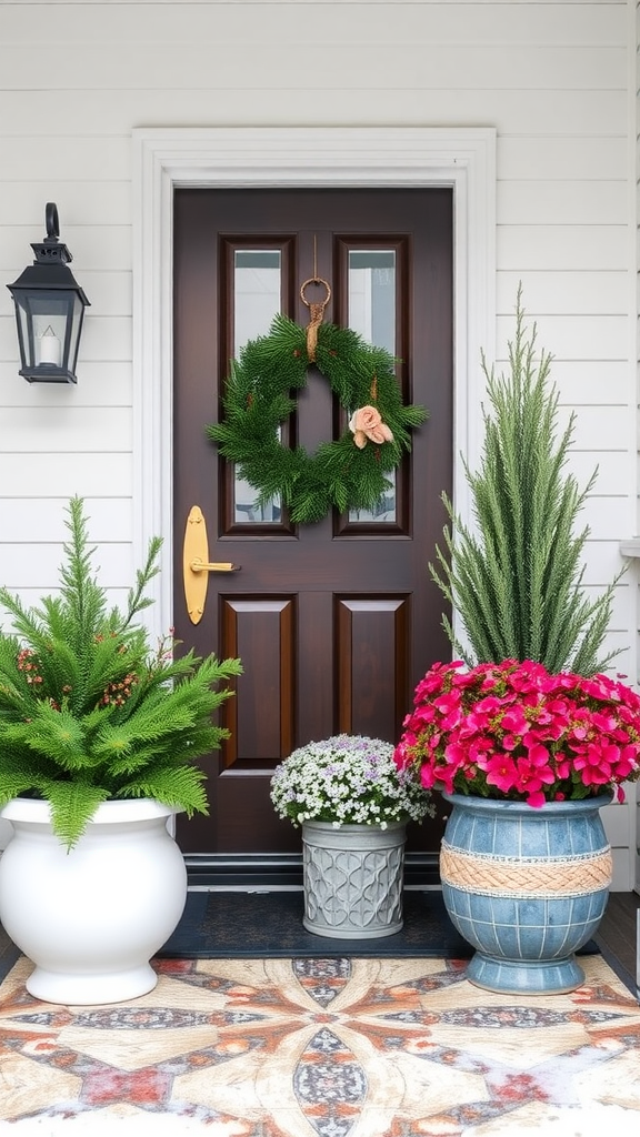 A front door with a green wreath and colorful flower pots on either side.