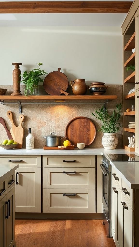 A beautifully designed kitchen featuring handcrafted wooden cabinets, open shelves, and decorative pottery.