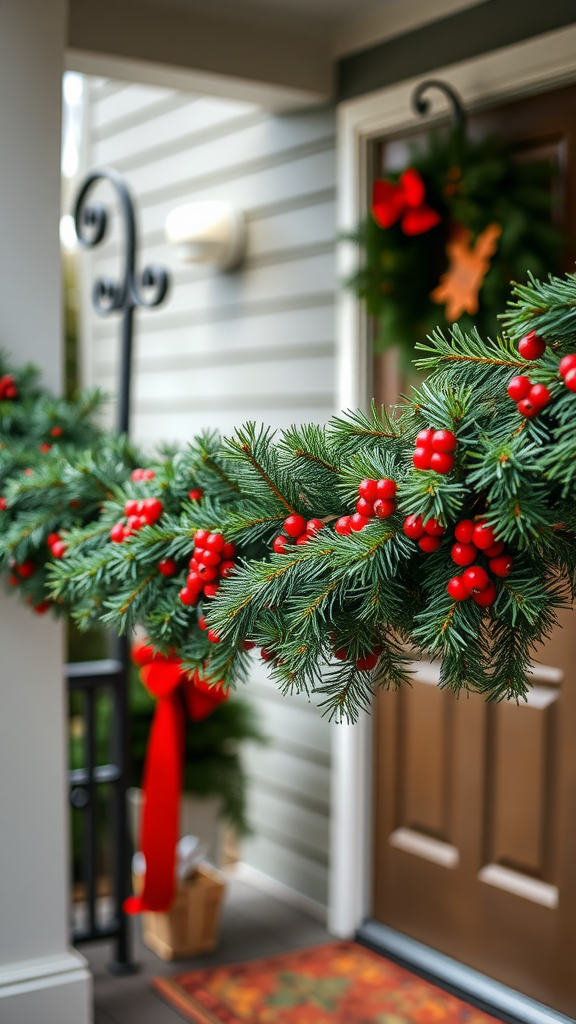 Handmade pine garland with red berries and a red ribbon on a porch