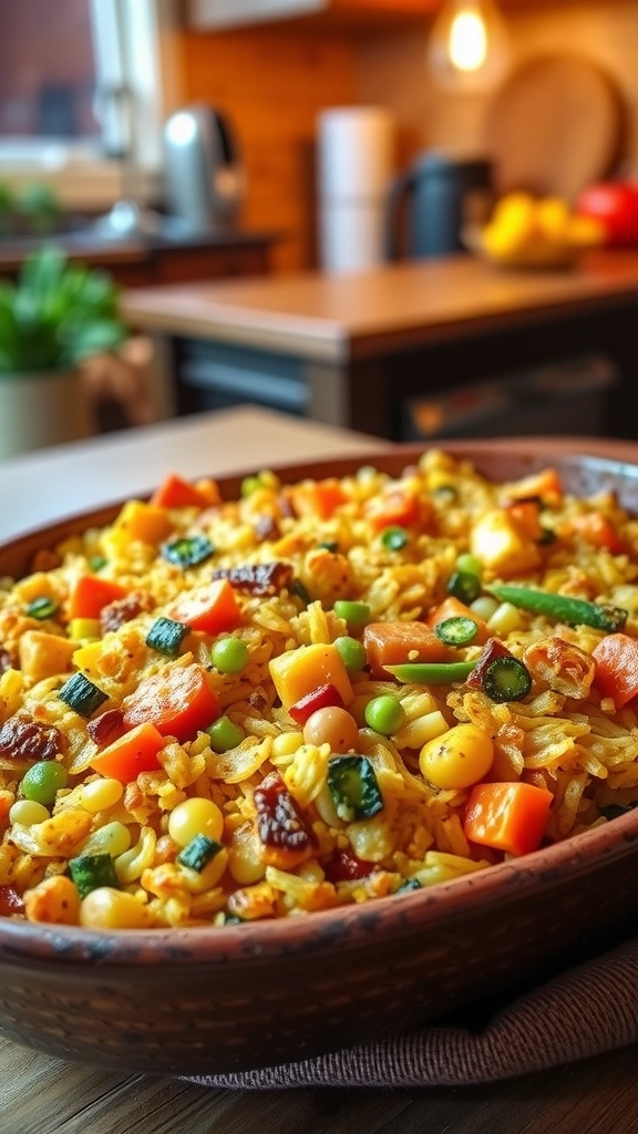 A delicious hash brown and veggie casserole fresh out of the oven, filled with colorful vegetables and golden cheese.