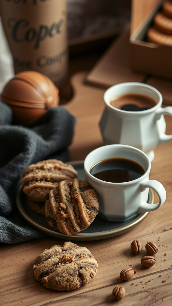 A cozy setup featuring hazelnut coffee cookies on a plate, accompanied by two cups of coffee and scattered coffee beans.