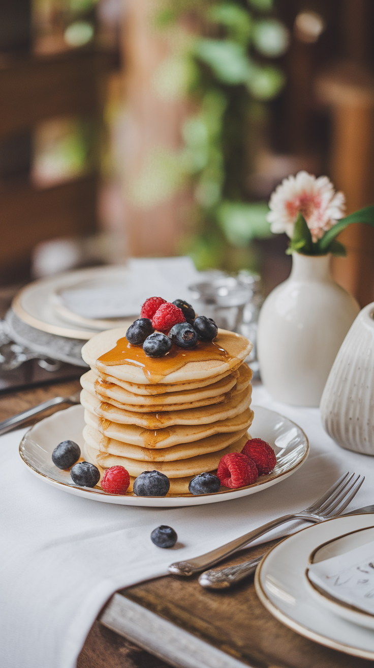 Stack of heart-shaped pancakes topped with berries and syrup on a plate.