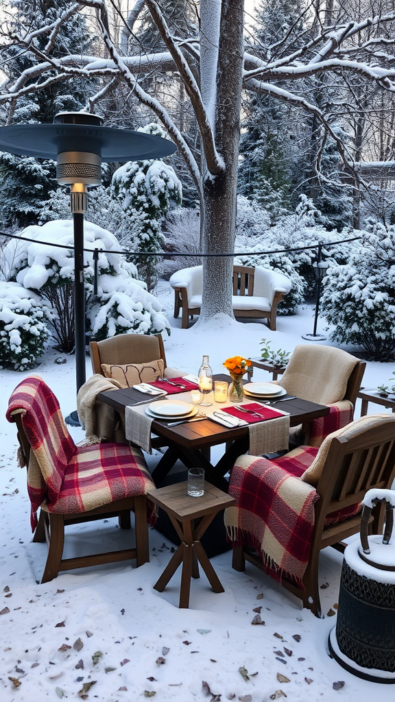 Cozy outdoor dining setup in the snow with wooden tables, blankets, and heaters.