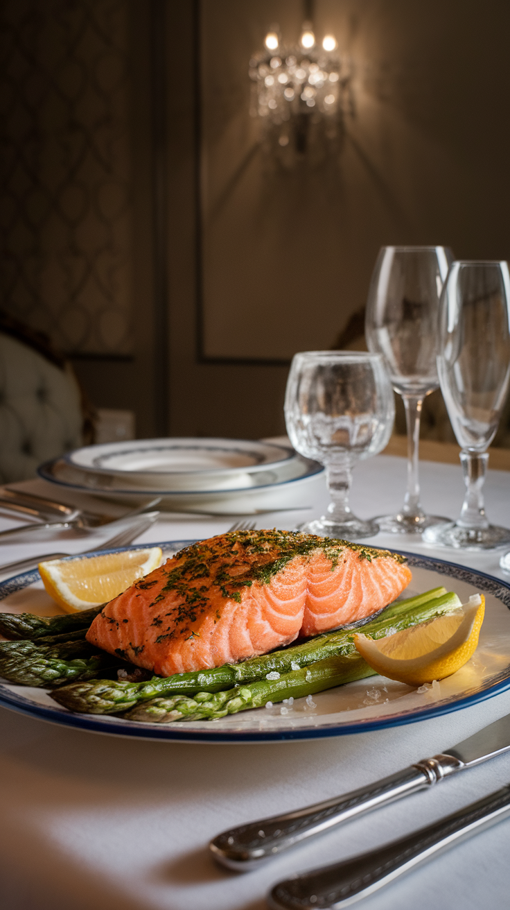 A beautifully plated dish featuring herb-crusted salmon and asparagus with lemon wedges, set elegantly for a romantic dinner.