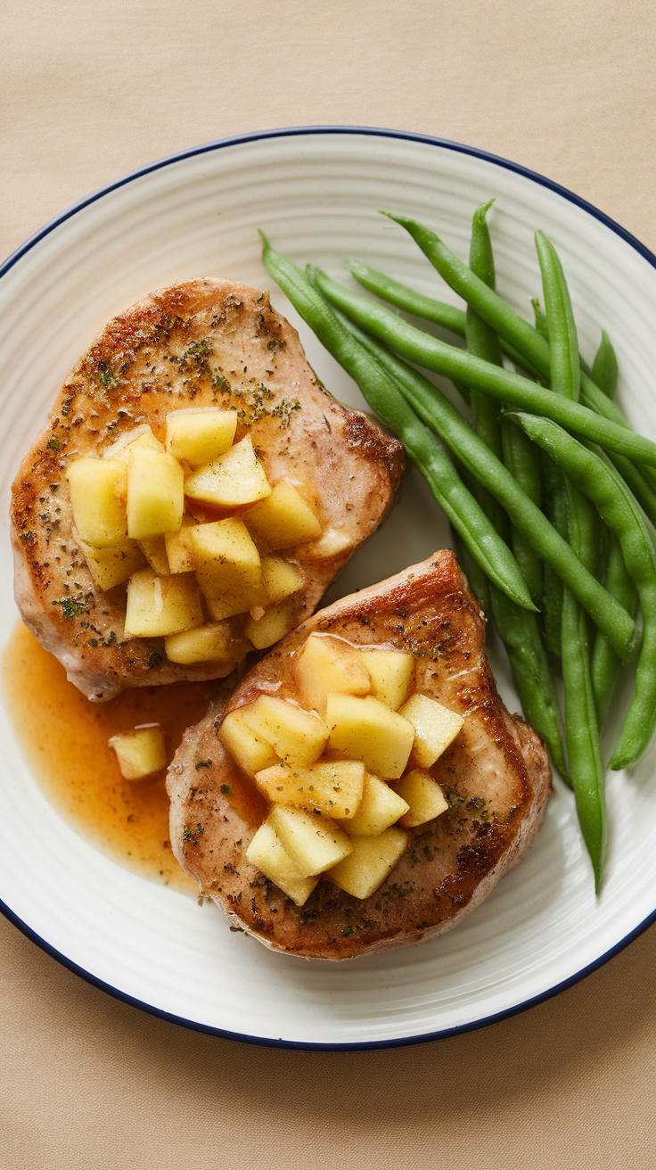 Herbed pork chops with apple compote, served with green beans.