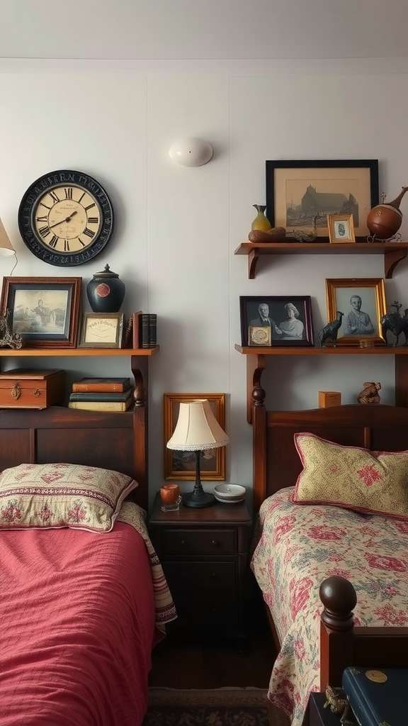 A cozy bedroom featuring historical family heirlooms, with wooden beds, decorative shelves, and a warm color palette.