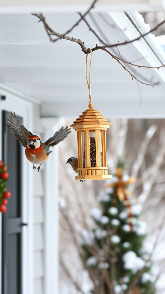 A wooden bird feeder hanging from a branch with birds visiting, surrounded by winter decor.