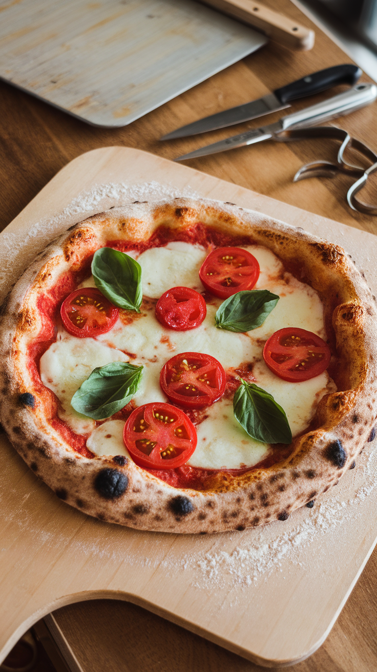 A delicious homemade Margherita pizza topped with fresh tomatoes and basil.