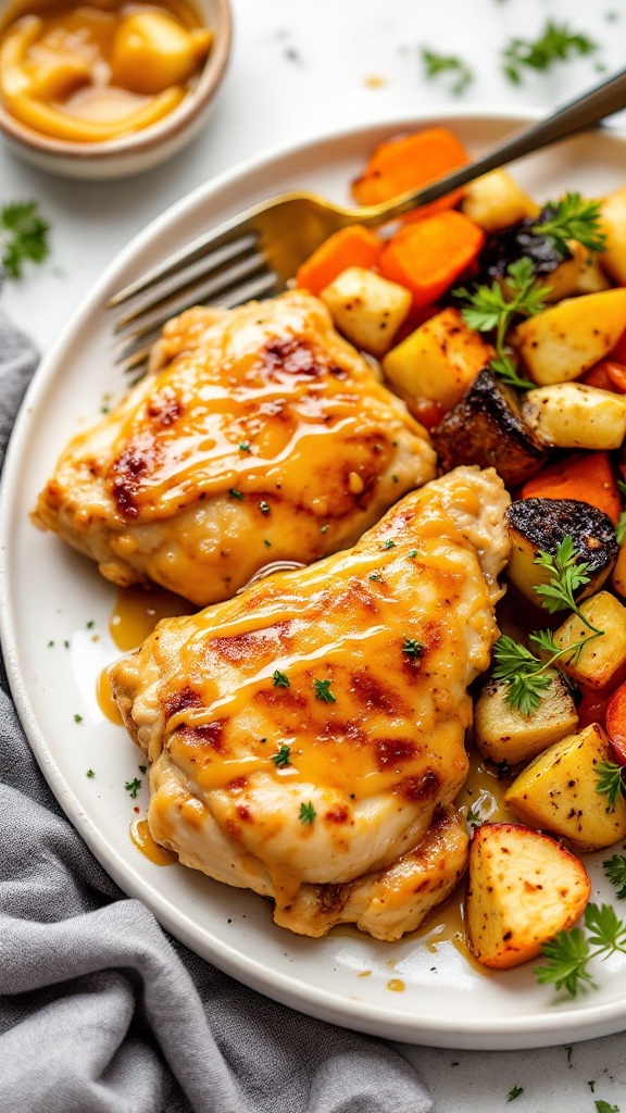 A plate of honey mustard glazed chicken thighs served with roasted vegetables.