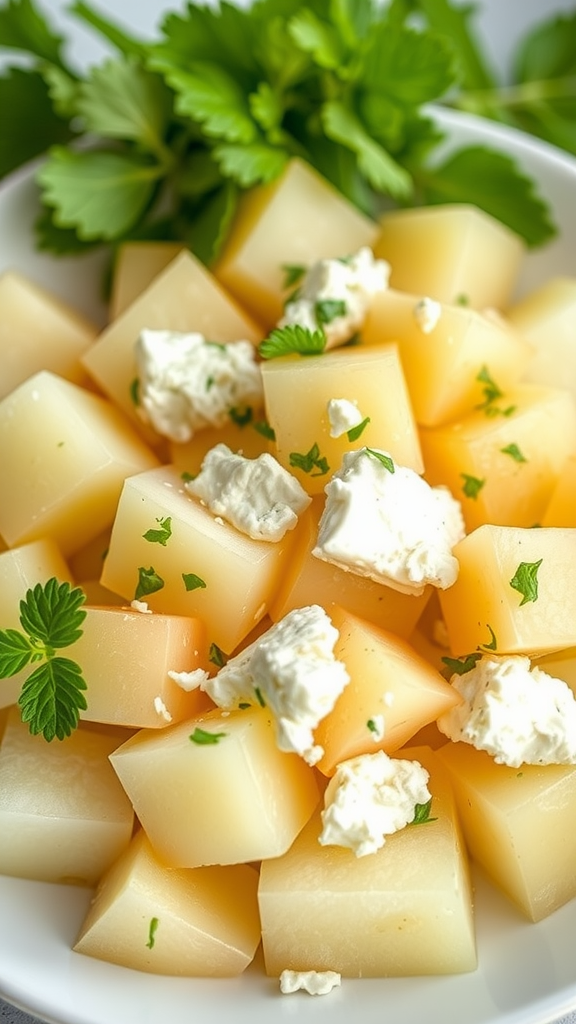 A bowl of honeydew melon cubes topped with feta cheese and fresh herbs.