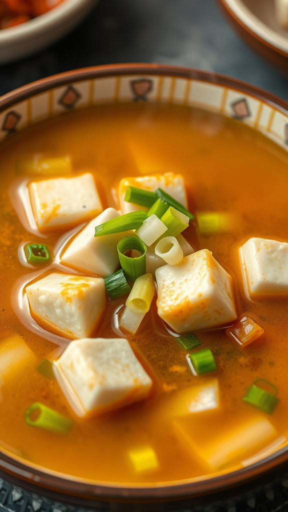 A bowl of hot and sour soup with tofu and green onions