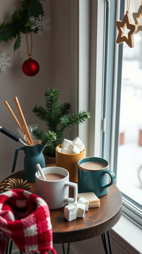 Cozy hot beverage station setup with mugs, marshmallows, and festive decorations by a window.