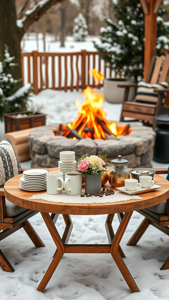 Cozy Outdoor Patio Ideas setup for a hot beverage station with mugs, snacks, and blankets in a snowy setting.