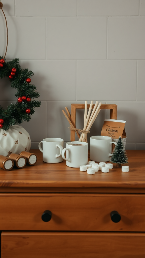 A cozy hot cocoa station setup with white mugs, marshmallows, a festive wreath, and a small decorative tree.