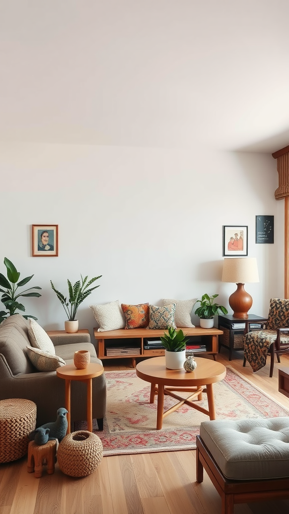 Cozy living room with wooden furniture, colorful pillows, and plants.