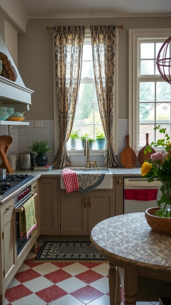 A cozy kitchen featuring patterned curtains and a warm tablecloth, creating an inviting atmosphere.