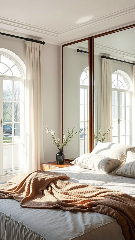 Modern bedroom featuring large mirrors reflecting natural light
