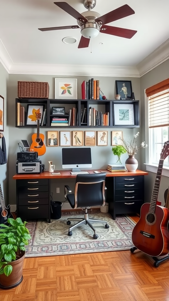 Cozy home office with musical instruments, books, and personal memorabilia.