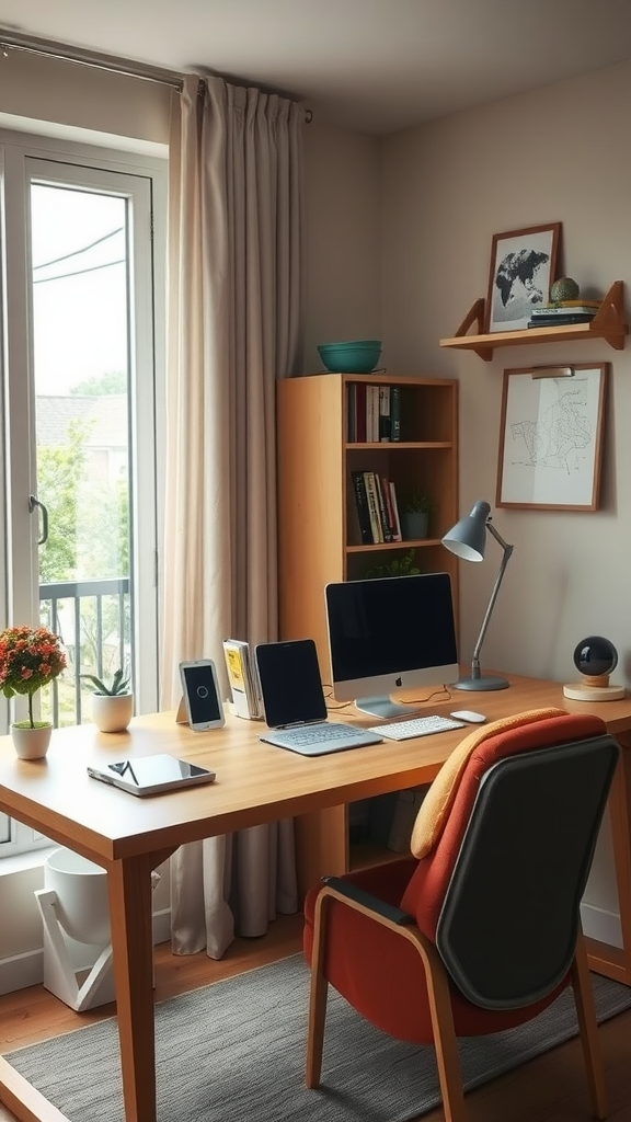 A cozy home office featuring a wooden desk, computer, tablet, smartphone, and comfortable chair, with natural light coming through the window.