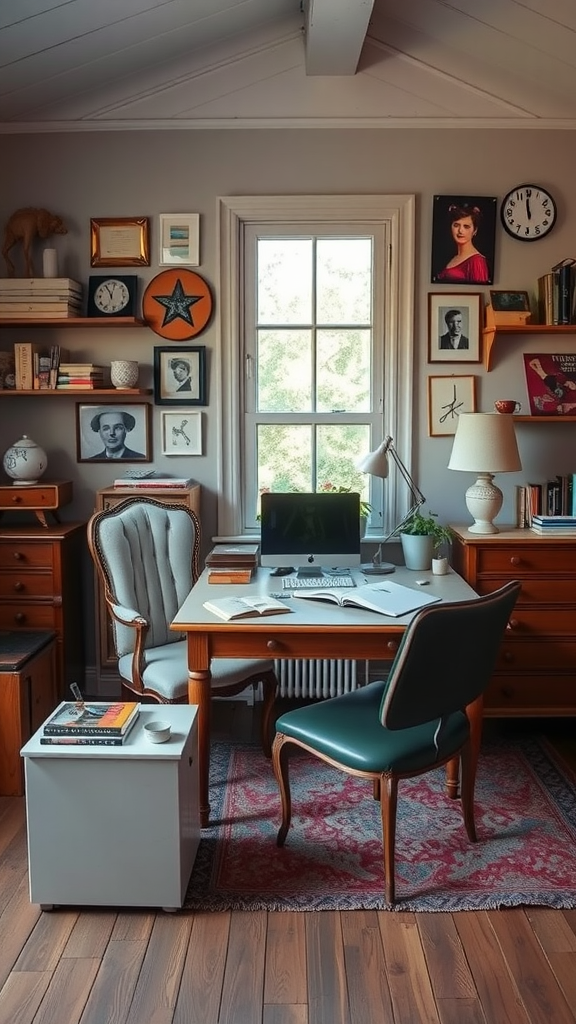 A cozy home office with vintage furniture and decor, featuring a wooden desk, vintage chairs, and a collection of framed photographs and art on the walls.