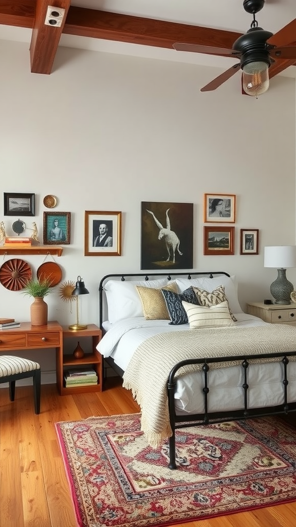 A modern bedroom featuring vintage decor elements, including framed artwork, a patterned rug, and an antique lamp.