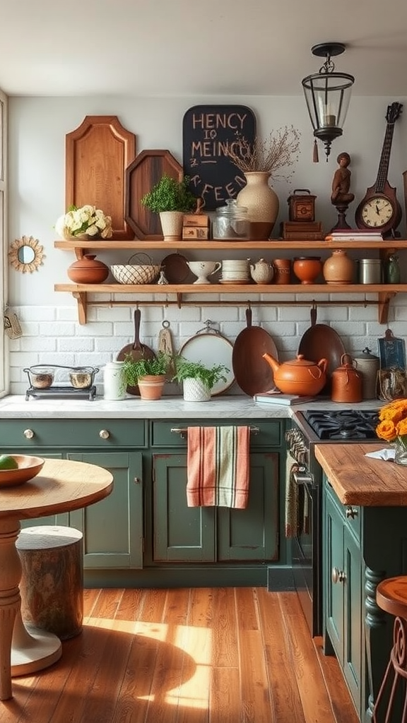 A cozy kitchen with vintage decor, featuring wooden shelves, various pottery, and rustic furniture.