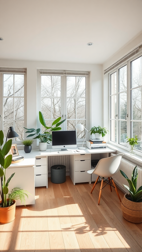 A bright and cozy home office with large windows, abundant natural light, and green plants.