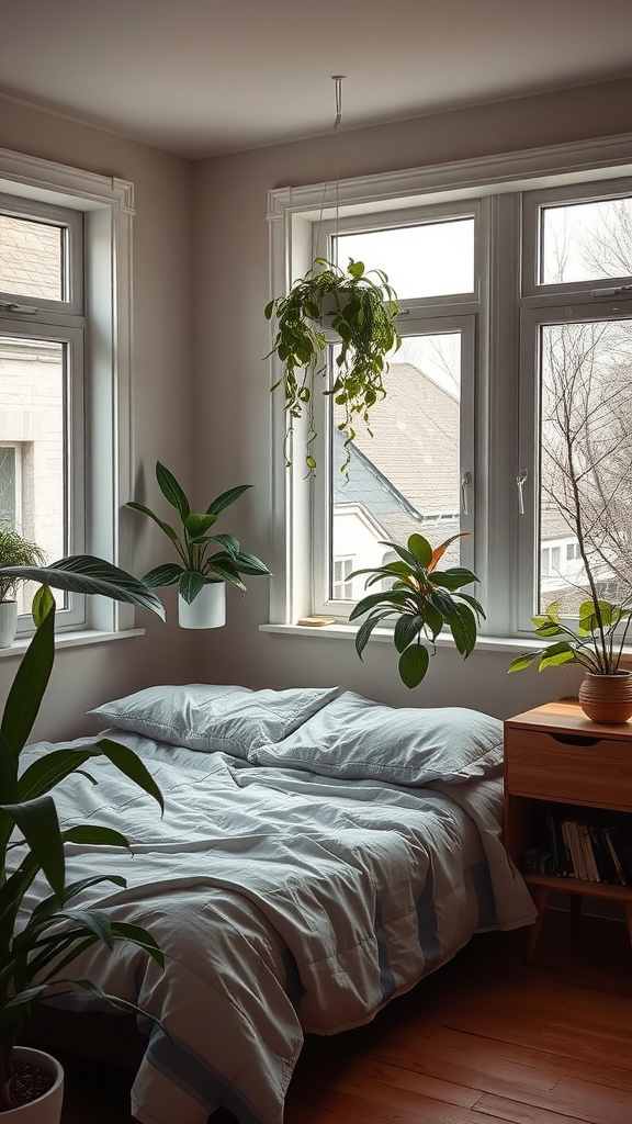 Cozy bedroom with indoor plants, showcasing a fresh and inviting atmosphere.