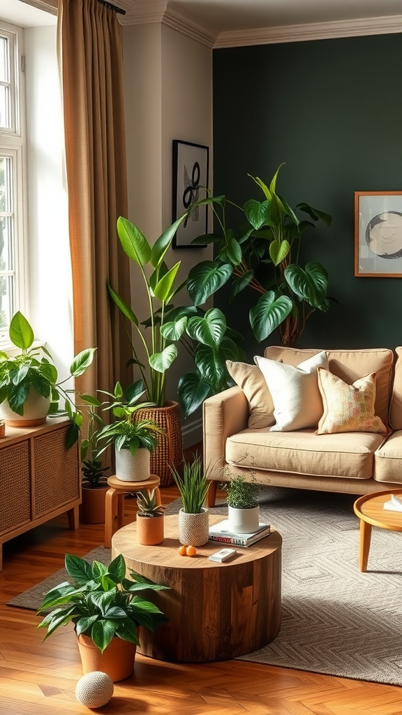 Cozy living room with indoor plants, large windows, and warm curtains