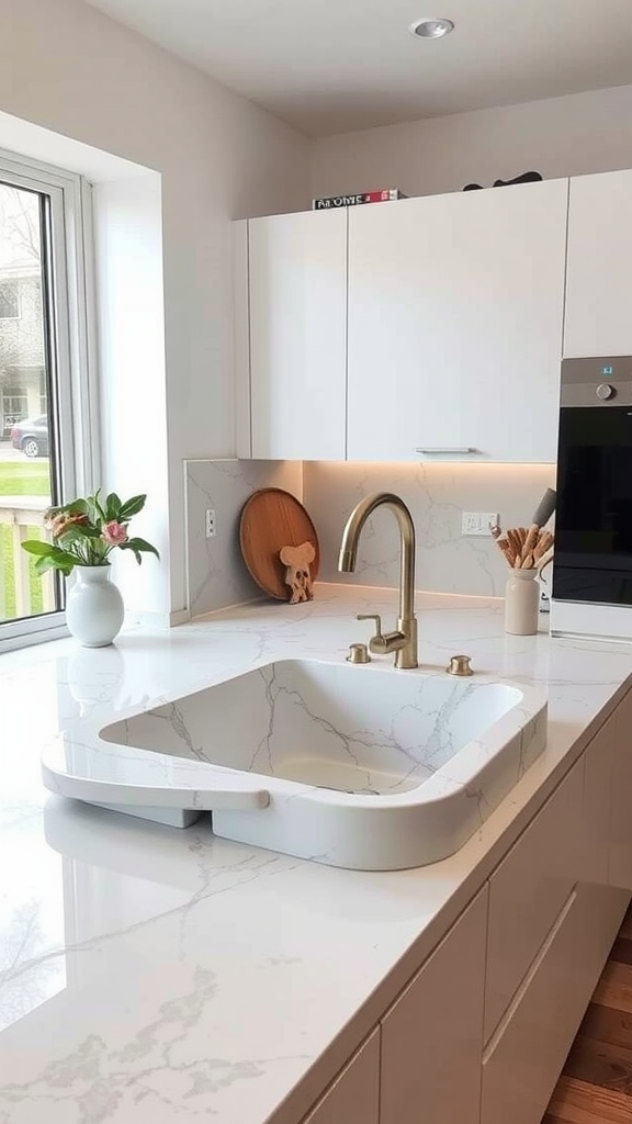 A modern kitchen featuring an artistic sink design with glowing elements.