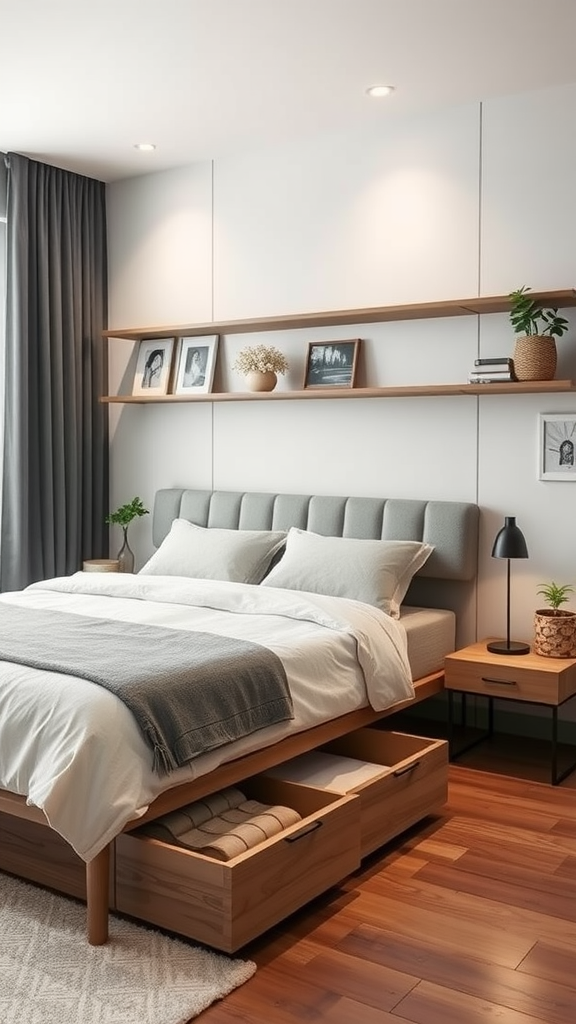 A modern bedroom featuring a bed with drawers underneath and floating shelves on the wall.